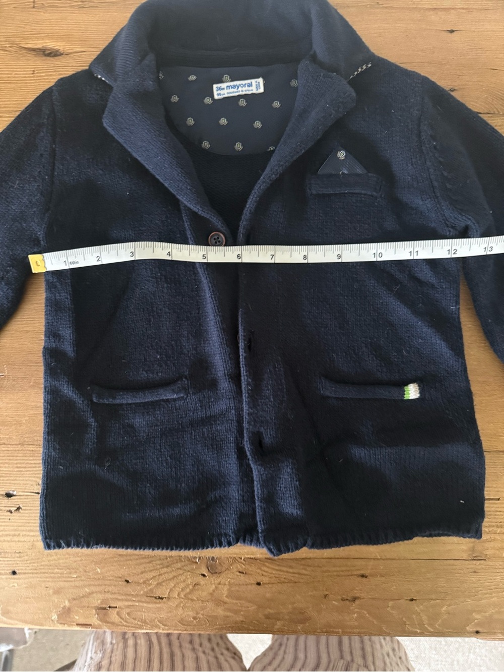 Mayoral Navy Knit Cardigan Blazer with White Elbow Patches and Green Trim - Picture 5 of 12